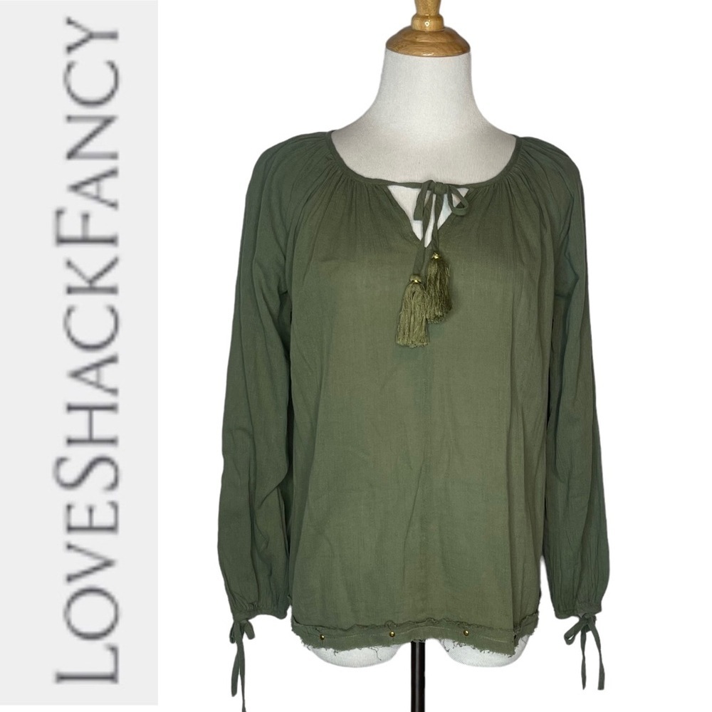 LoveShackFancy Long Sleeve Embellished Peasant Top- green 0
